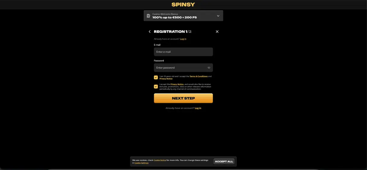Spinsy Casino Registration
